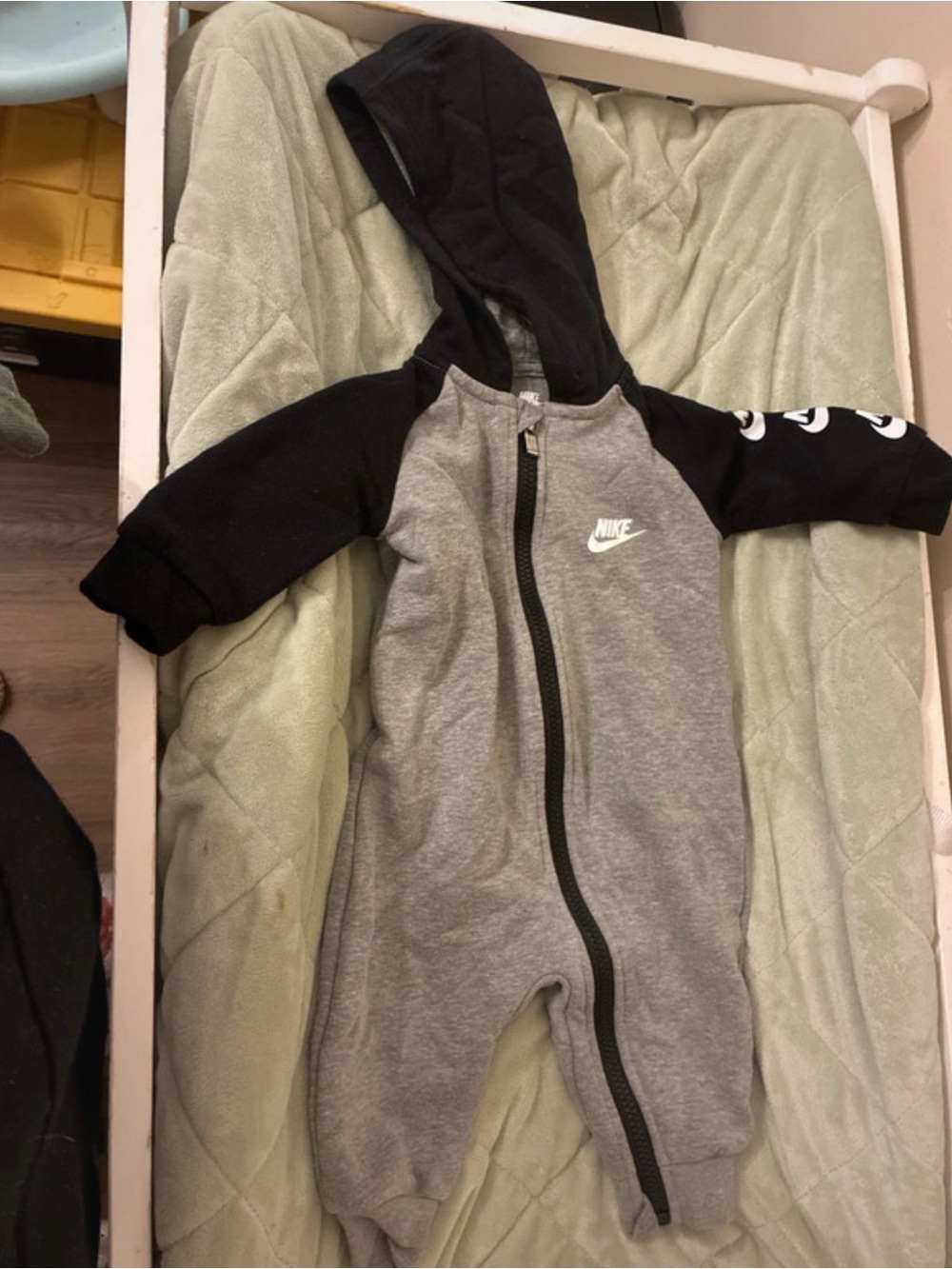 Nike Grey and Black Hooded Baby One-Piece Footie
